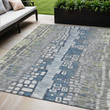 5' X 8' Artichoke Green Ivory And Blue Geometric Washable Indoor Outdoor Area Rug
