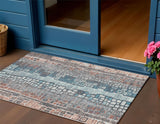 3' X 5' Copper Ivory And Blue Geometric Washable Indoor Outdoor Area Rug