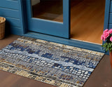 3' X 5' Pewter Ivory Blue And Gold Geometric Washable Indoor Outdoor Area Rug