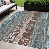 5' X 8' Teal Blue Ivory And Brown Geometric Washable Indoor Outdoor Area Rug