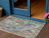3' X 5' Copper Blue And Wheat Abstract Washable Indoor Outdoor Area Rug