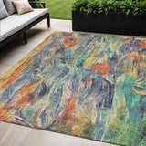 5' X 8' Denim Blue Green And Gold Abstract Washable Indoor Outdoor Area Rug