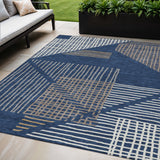 5' X 8' Navy Blue And Ivory Striped Washable Indoor Outdoor Area Rug