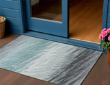 3' X 5' Teal Blue Ivory And Gray Striped Washable Indoor Outdoor Area Rug
