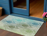 3' X 5' Artichoke Green Ivory And Blue Floral Washable Indoor Outdoor Area Rug