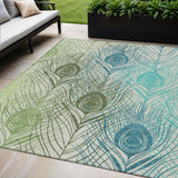 5' X 8' Artichoke Green Ivory And Blue Floral Washable Indoor Outdoor Area Rug