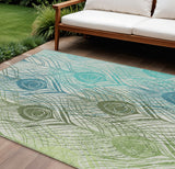 8' X 10' Artichoke Green Ivory And Blue Floral Washable Indoor Outdoor Area Rug