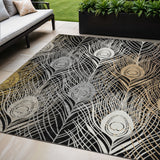 5' X 8' Black Gold And Gray Floral Washable Indoor Outdoor Area Rug