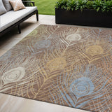 5' X 8' Brown Blue And Gold Floral Washable Indoor Outdoor Area Rug