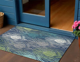 3' X 5' Navy Blue Ivory And Green Floral Washable Indoor Outdoor Area Rug