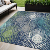 5' X 8' Navy Blue Ivory And Green Floral Washable Indoor Outdoor Area Rug