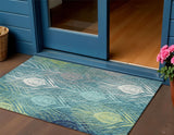 3' X 5' Teal Blue Green And Ivory Floral Washable Indoor Outdoor Area Rug