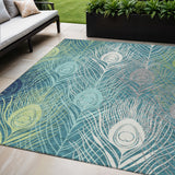5' X 8' Teal Blue Green And Ivory Floral Washable Indoor Outdoor Area Rug