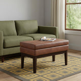 26" Brown And Walnut Faux Leather Ottoman