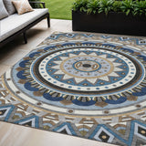 5' X 8' Denim Blue Ivory And Beige Geometric Washable Indoor Outdoor Area Rug