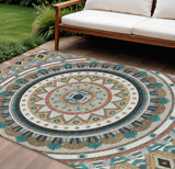 5' X 8' Taupe Blue Beige And Ivory Geometric Washable Indoor Outdoor Area Rug