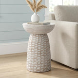 18" White And Natural Distressed Solid Wood Round Pedestal End Table