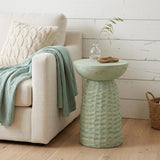 18" Green and Natural Distressed Solid Wood Round Pedestal End Table