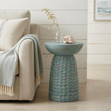 18" Teal Blue Distressed Solid Wood Round Drum End Table