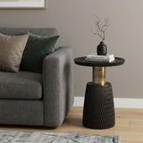 20" Black and Gold Distressed Solid Wood Round Pedestal End Table