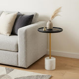 23" Black Gold and White Solid Wood Iron and Marble Round Pedestal End Table