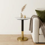 21" White Black and Gold Marble and Iron Round Pedestal End Table