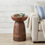 18" Dark Brown Distressed Solid Wood Round Drum End Table