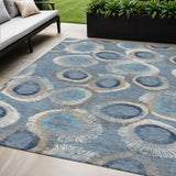 5' X 8' Denim Blue Ivory And Taupe Geometric Washable Indoor Outdoor Area Rug