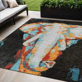 5' X 8' Black Ivory Orange And Red Elephant Washable Indoor Outdoor Area Rug
