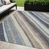 5' X 8' Denim Blue Ivory And Beige Striped Washable Indoor Outdoor Area Rug