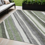 5' X 8' Fern Green Ivory And Gray Striped Washable Indoor Outdoor Area Rug