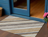 3' X 5' Gold Ivory And Taupe Striped Washable Indoor Outdoor Area Rug