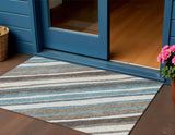 3' X 5' Taupe Ivory And Blue Striped Washable Indoor Outdoor Area Rug