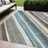 5' X 8' Taupe Ivory And Blue Striped Washable Indoor Outdoor Area Rug