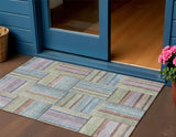 3' X 5' Artichoke Green Purple And Blue Geometric Washable Indoor Outdoor Area Rug