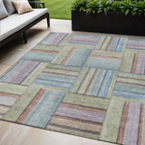 5' X 8' Artichoke Green Purple And Blue Geometric Washable Indoor Outdoor Area Rug