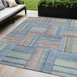 5' X 8' Denim Blue Coral And Gray Geometric Washable Indoor Outdoor Area Rug