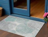 3' X 5' Teal Blue Ivory And Gray Geometric Washable Indoor Outdoor Area Rug