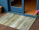 3' X 5' Artichoke Green Ivory And Tan Striped Washable Indoor Outdoor Area Rug