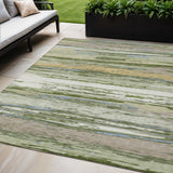 5' X 8' Artichoke Green Ivory And Tan Striped Washable Indoor Outdoor Area Rug