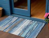 3' X 5' Blue Ivory And Taupe Striped Washable Indoor Outdoor Area Rug