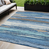 5' X 8' Blue Ivory And Taupe Striped Washable Indoor Outdoor Area Rug