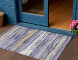 3' X 5' Lavender Ivory And Gold Striped Washable Indoor Outdoor Area Rug