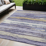 5' X 8' Lavender Ivory And Gold Striped Washable Indoor Outdoor Area Rug