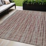 5' X 8' Burgundy And Gray Striped Washable Indoor Outdoor Area Rug