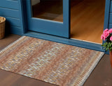 3' X 5' Cinnamon And Blue Ikat Washable Indoor Outdoor Area Rug