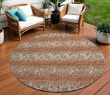 8' Cinnamon And Blue Round Ikat Washable Indoor Outdoor Area Rug