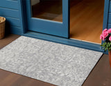 3' X 5' Gray And Ivory Damask Washable Indoor Outdoor Area Rug