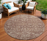 8' Chocolate And Ivory Round Damask Washable Indoor Outdoor Area Rug