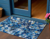 3' X 5' Blue Ivory And Gold Abstract Washable Indoor Outdoor Area Rug